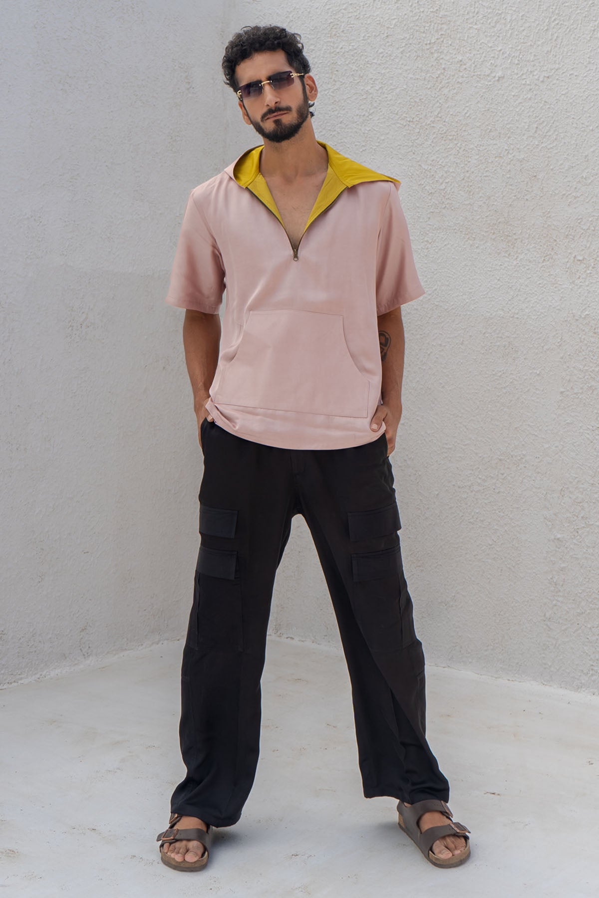 Buy Neora by Nehal ChopraPink & Yellow Colorblock Hoodie for Men Online